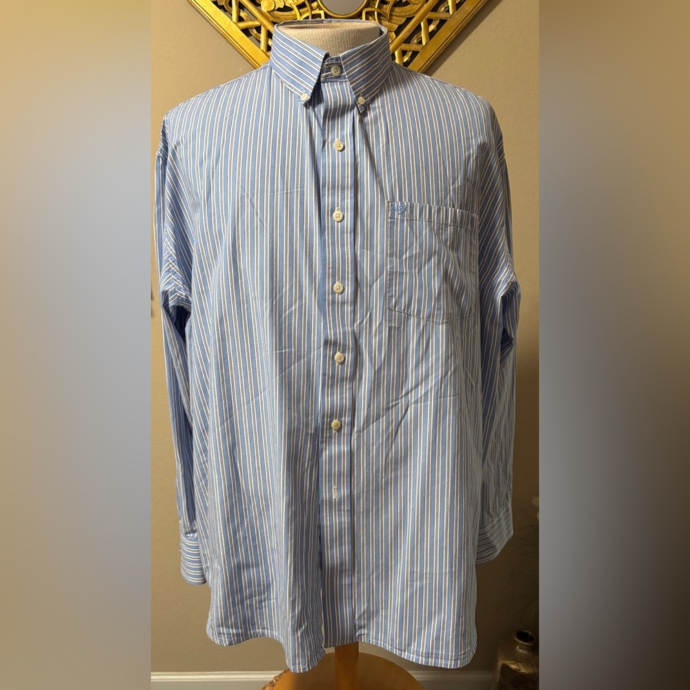 Izod Men's Light Blue and White Striped Button-Down Long-Sleeve Shirt Size XXL
